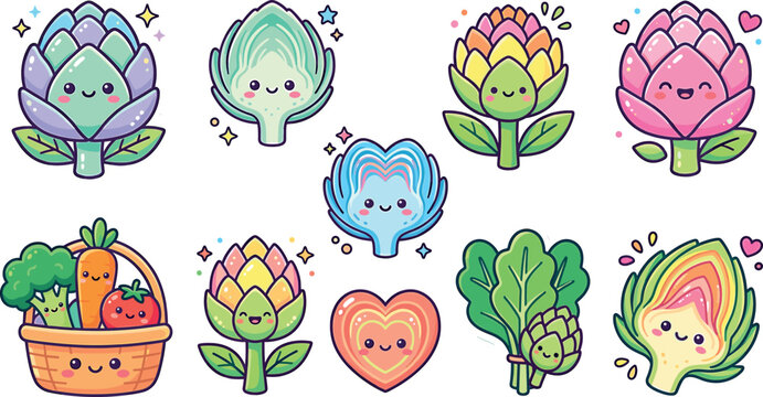 Cute kawaii artichoke stickers vector set featuring cartoon vegetable characters harvest baskets and healthy food icons