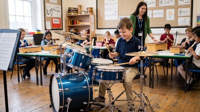 Young Boy Playing Drums in Primary School Music Class with Teacher