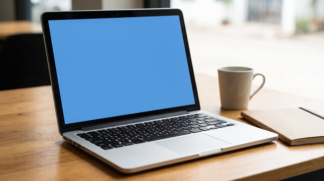 Silver notebook computer with blue screen mockup on wooden table next to coffee mug and notebook.