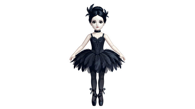 Black swan ballet dancer doll wearing feather tutu and dark choker stands as an elegant gothic ballerina character for dark fantasy and stage art.
