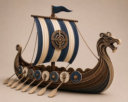 Viking longship sculpted from elongated layered paper sheets, forming curved hull contours and stylized sail geometry with dimensional movement, featuring muted brown, ivory, navy blue, bronze gradien