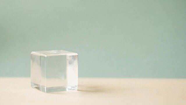 A solitary clear glass cube resting on a flat surface against a light green background with single transparent glass smooth beige surface surface front soft