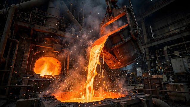 Molten metal pouring from a heavy industrial ladle in a steel mill foundry