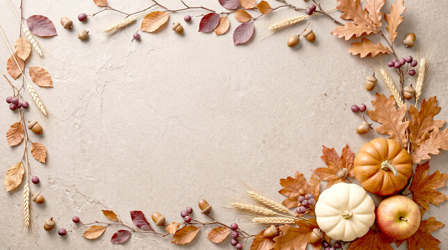Autumn harvest frame with pumpkins and dried leaves on stone background
