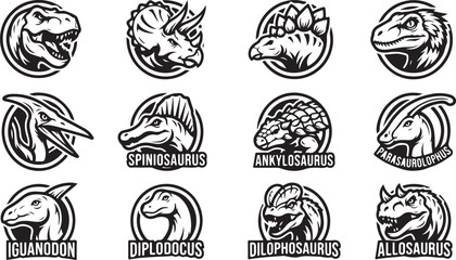 Set of dinosaur head in circular badges featuring t-rex, triceratops, stegosaurus, raptor, pterodactyl, spinosaurus, and other species © Shammi
