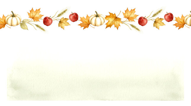 Watercolor autumn border with pumpkins leaves and apples on white