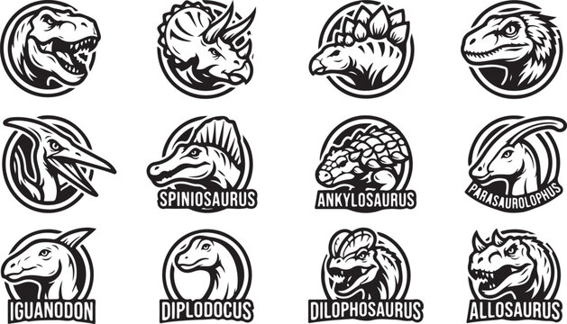 Set of dinosaur head in circular badges featuring t-rex, triceratops, stegosaurus, raptor, pterodactyl, spinosaurus, and other species