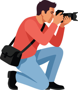 Male photographer kneeling and taking photo with professional dslr camera vector illustration
