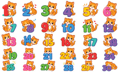 Obraz premium Cute Orange Cat Numbers 1-30 Counting Icons for Kids Education