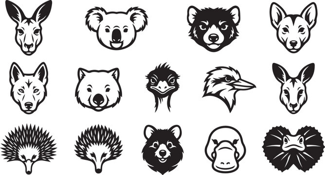 Set of twelve black and white australian animal head featuring a kangaroo, koala, dingo, wombat, emu, kookaburra, echidna, and frilled lizard
