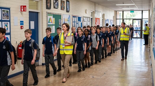 School Students Walking in Hallway with Teacher for Safety Drill