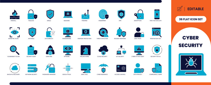 Cybersecurity glyph icon set with data protection symbols