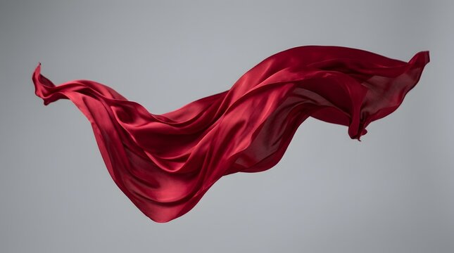 Flowing red silk fabric waving in the air on a grey background