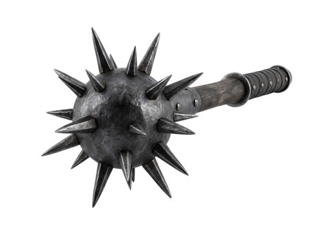 mace medieval weapon isolated transparent background metal spiked ball wooden handle historical combat equipment fantasy game asset object cutout