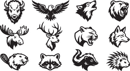 Fototapeta premium Set of twelve black and white north american animal head featuring buffalo, eagle, wolf, bear, moose, deer, and raccoon