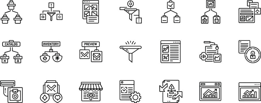 Product catalog inventory workflow filtering analytics outline icon set including preview management dashboard vector line icon collection