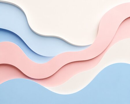 Abstract flowing pastel paper-cut waves layered across a soft white background, rendered in smooth 3D abstract design with subtle shadows, gentle gradients, baby blue, blush pink, ivory.