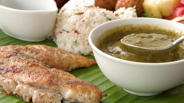 Chef lifting spoon of green soup over grilled fish fillet with rice and fruit served on banana leaf in restaurant.