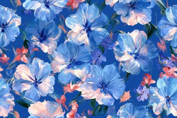 Obraz premium Painterly digital illustration of a seamless blue floral wallpaper with colorful blossoms and oil-paint texture