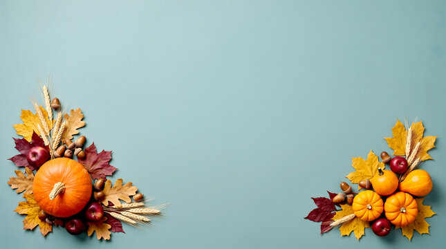Autumn harvest composition with pumpkins and colorful leaves on blue background
