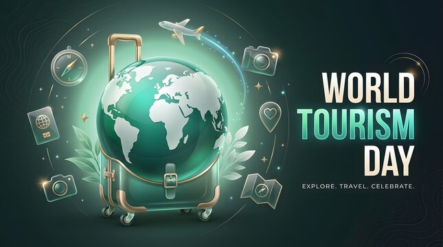 Suitcase containing a globe with travel icons scenic background