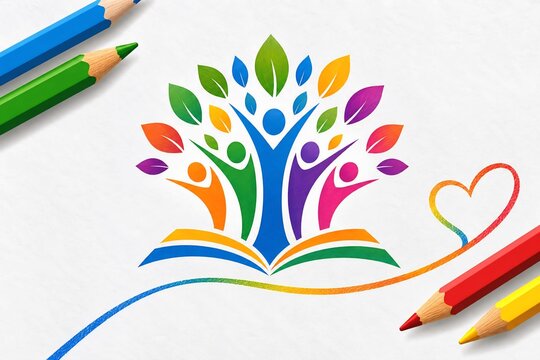 Colorful illustration of people forming a tree shape rising from an open book with colored pencils diverse people book worm