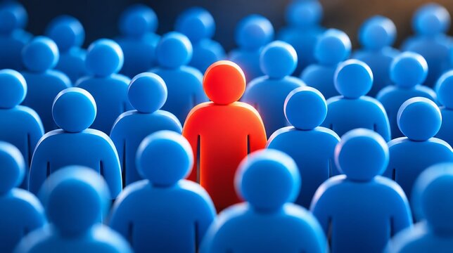 Single red figure standing out among a large crowd of identical blue figures with red person human resources individuality