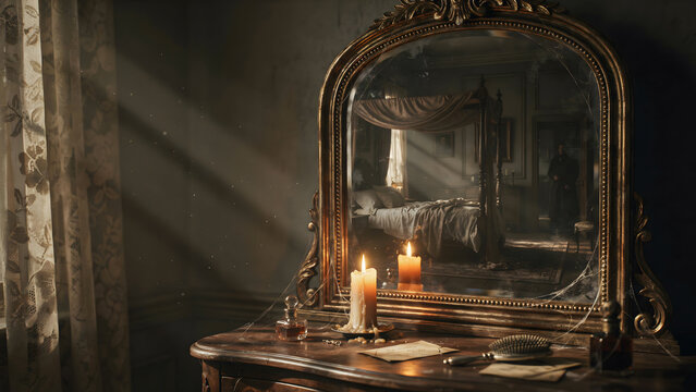 An antique gold mirror reflecting a sunlit bedroom with a canopy bed, illuminated by two flickering candles on a wooden vanity table with old