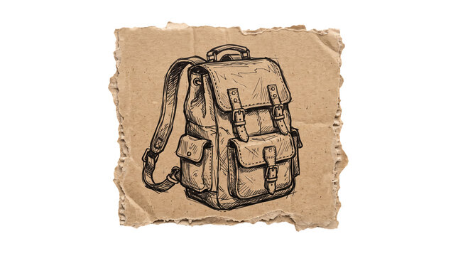 Leather backpack sketch on cardb, mockup isolated on transparent background, Sketch & Icon