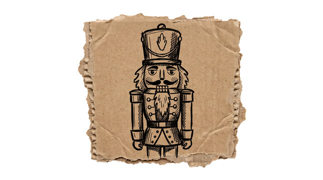 Wooden nutcracker sketch on card, mockup isolated on transparent background, Winter & Christmas