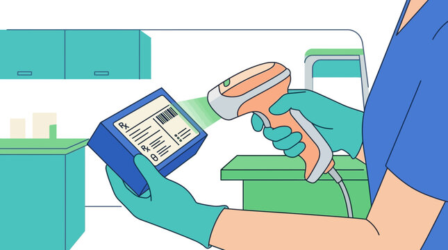 Healthcare worker scans medicine box with barcode reader