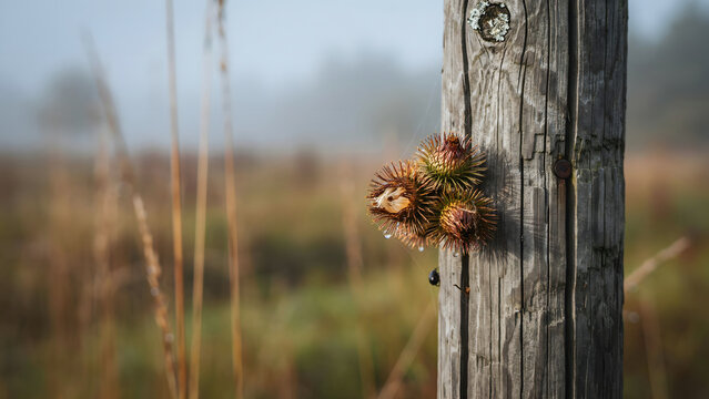 Close-up of spiky dried burdock seed heads on a weathered wooden fence post in a foggy, misty rural landscape during an autumn morning
