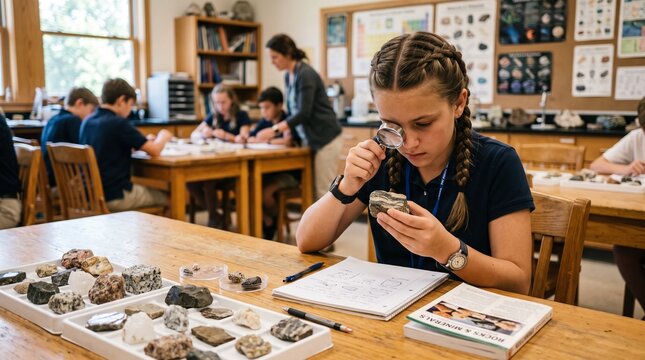 Young student examining mineral samples in school science lab