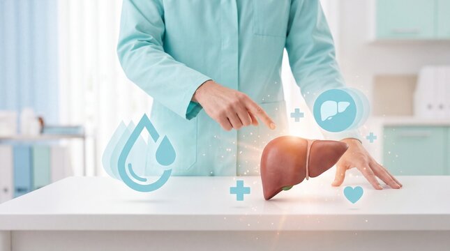 Doctor pointing at a human liver model with medical icons on a desk in clinic with toward anatomical