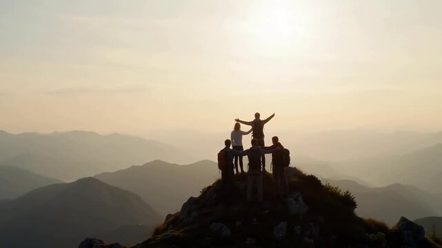 Group of hikers standing atop mountain peak at sunrise with arms raised in triumph against layered mountain ranges