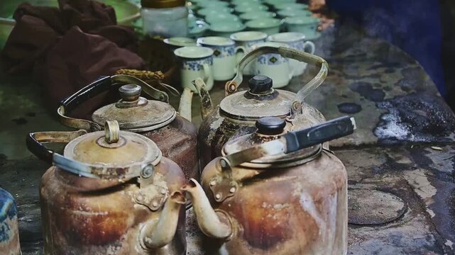 Traditional Chinese Tea House Iron Kettles Boiling Water Slow Motion