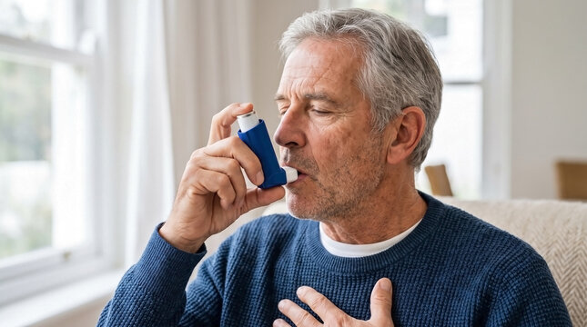 Senior man administering asthma inhaler at home for respiratory relief, chronic lung disease management, patient education, and health awareness campaigns