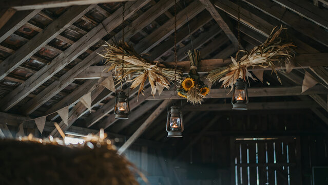 Rustic barn interior featuring hanging dried corn and sunflowers with vintage lanterns suspended from wooden beams above a pile of golden hay
