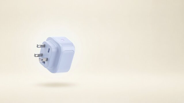A light blue smart power plug floating against a soft beige studio background for electronics with floats center against metal prongs floats
