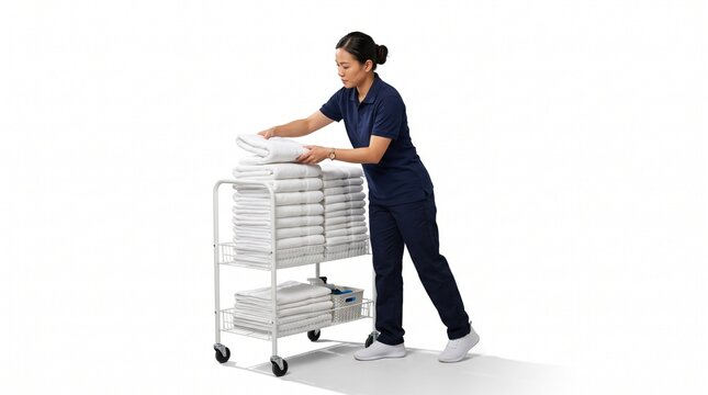 Professional hotel maid organizing clean white folded towels on laundry trolley isolated on white background