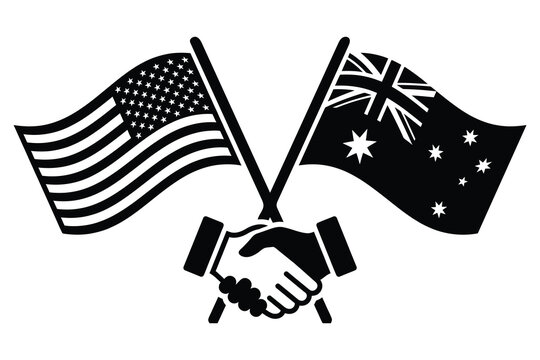 Crossed flags of united states and australia with a handshake icon representing diplomatic partnership diplomatic relations international cooperation political partnership foreign policy alliance