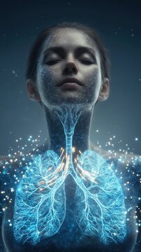 Luminescent pulmonary anatomy: fresh breath, female organism, human lung, glowing trachea, clear airway, inhale oxygen, pure health, medical model, internal biology.