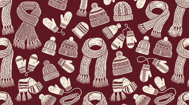 Winter knitwear pattern scarves hats mittens and gloves on maroon background