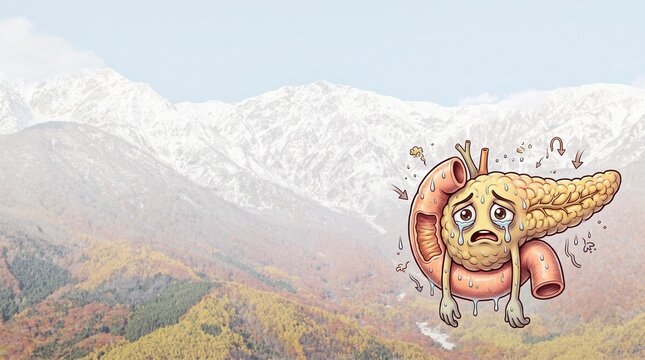 Illustration of an exhausted pancreas and duodenum shedding tears (snow-capped mountain background, with space for text)