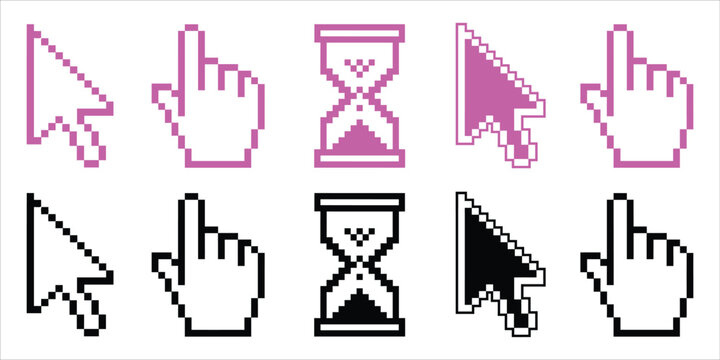 Set of computer mouse cursors and hourglass wait icons in pixel art style with hourglass icon computer interface pointer icons click symbols loading icon user interface digital cursor web icons