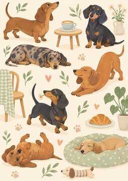 Dachshund dog illustration collection with leaves and flowers on a cream background
