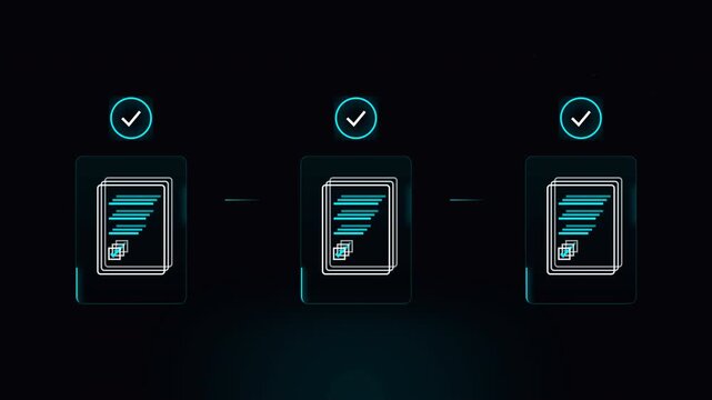 Futuristic digital document verification workflow showing three sequential approved files with checkmarks on dark futuristic interface.