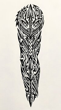 Intricate tribal arm tattoo design with sharp spearhead motifs