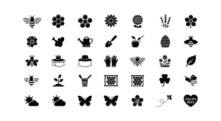 Obraz premium Collection of flat vector bee and floral icons on a white background