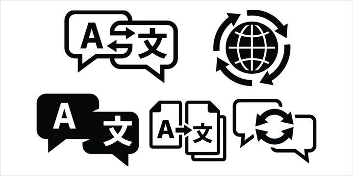 Collection of translation icons featuring speech bubbles and document conversion symbols communication icons language services business tools web design translation language communication